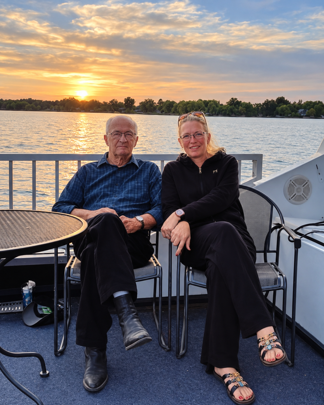 Two people, an elderly man and a woman, sitting on chairs on a boat deck during sunset, with water and trees in the background.