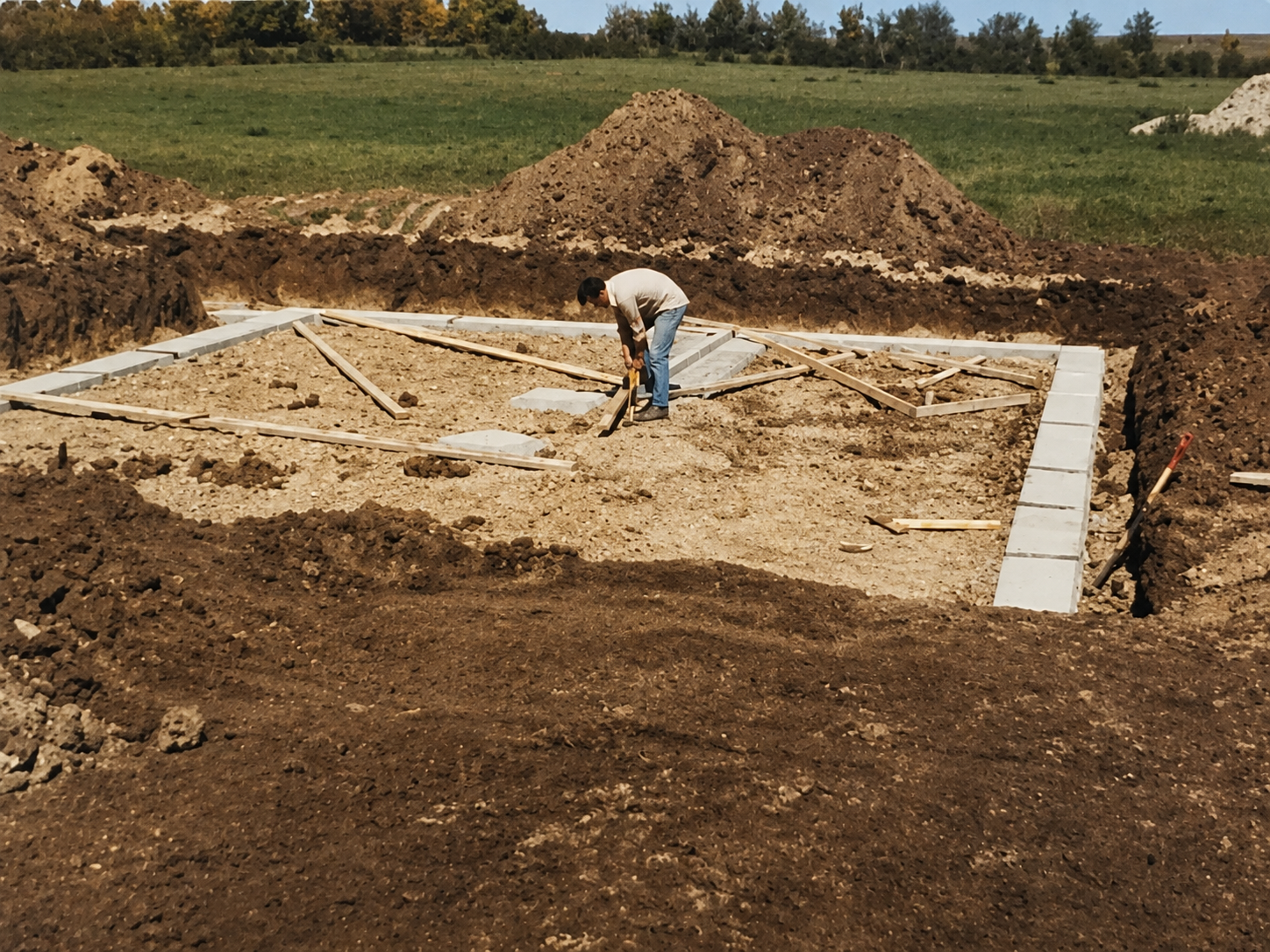 A person working on constructing a building foundation, installing concrete blocks on a dirt excavation site with wooden framing and gravel, surrounded by a grassy field under a clear sky.