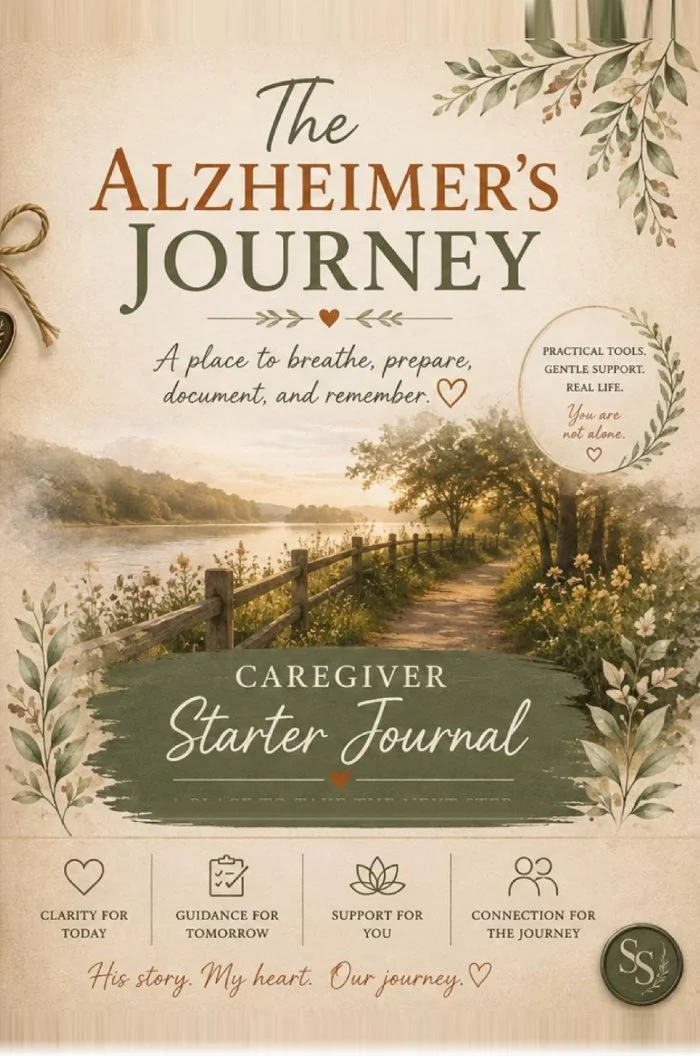Cover of a caregiver starter journal titled "The Alzheimer's Journey," featuring a scenic lakeside path with trees and a fence, and decorative leaves around the edges.