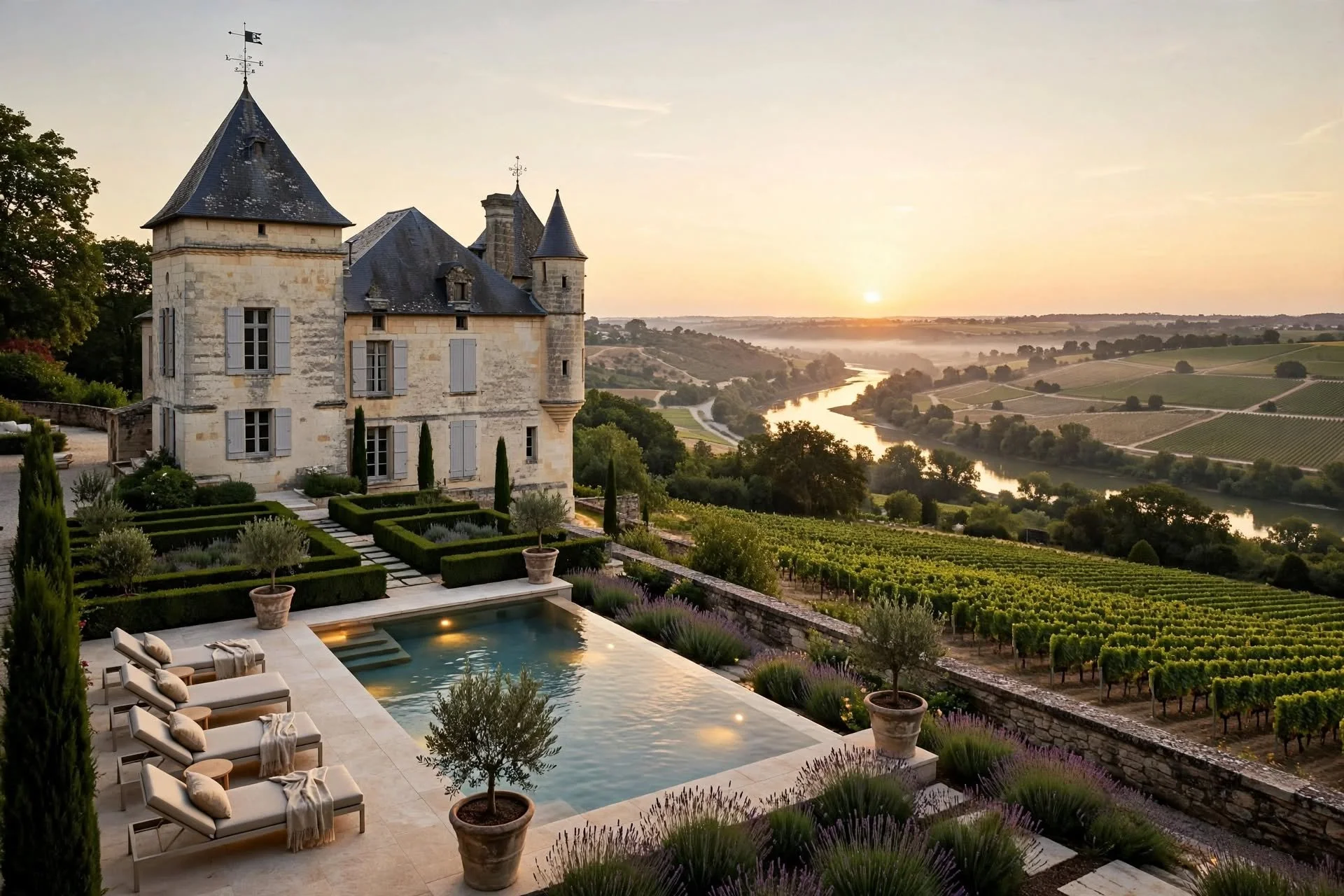 Luxury estate with a stone chateau, outdoor pool, and garden, overlooking a river and rolling countryside at sunset.