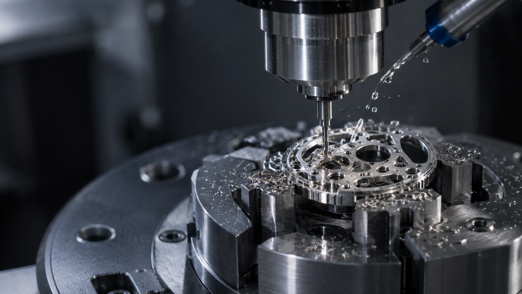Macro photograph of precision CNC machining a fine horological component.