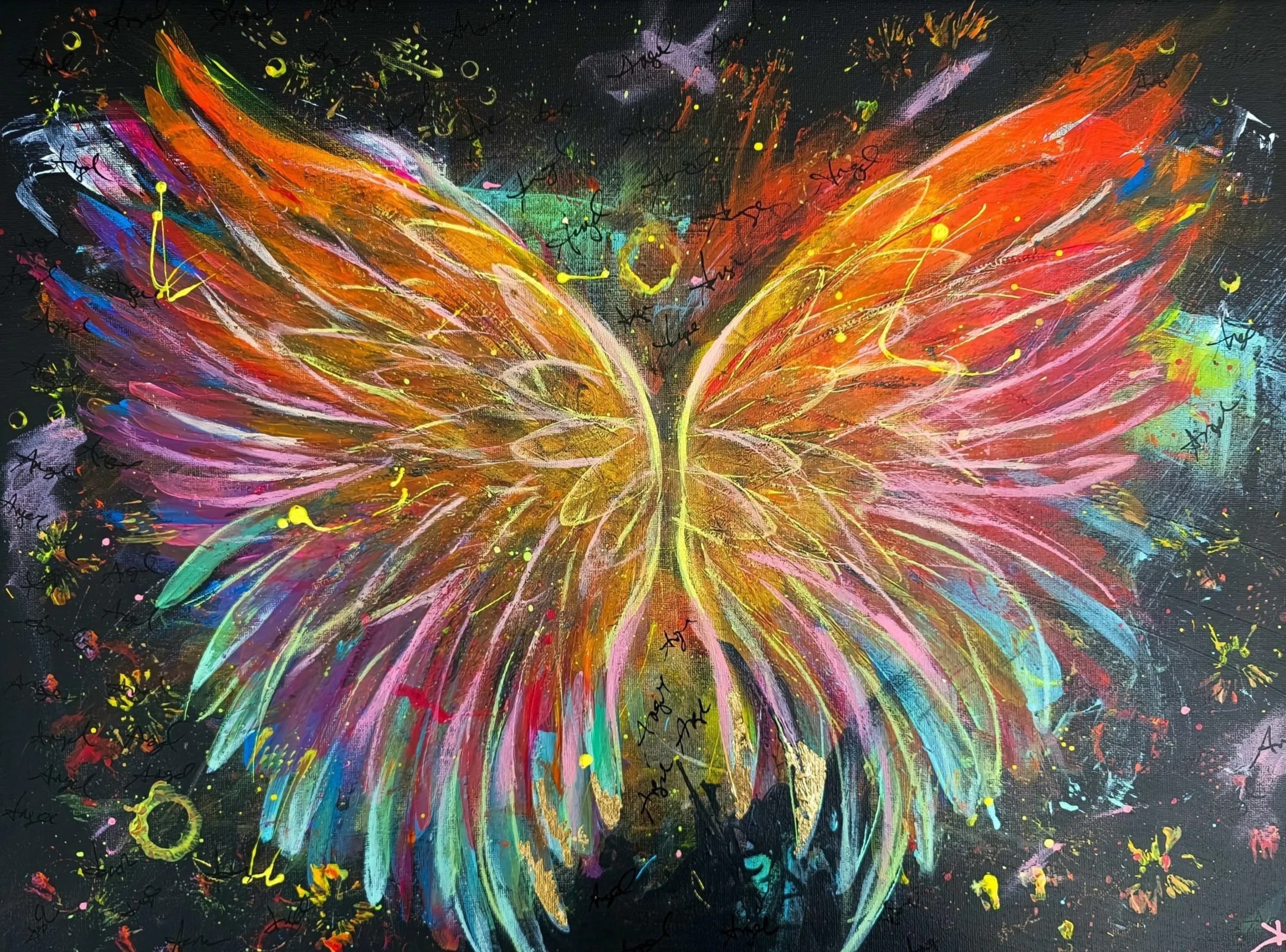 Colorful abstract butterfly painting with orange, pink, yellow, green and blue wings on a black background
