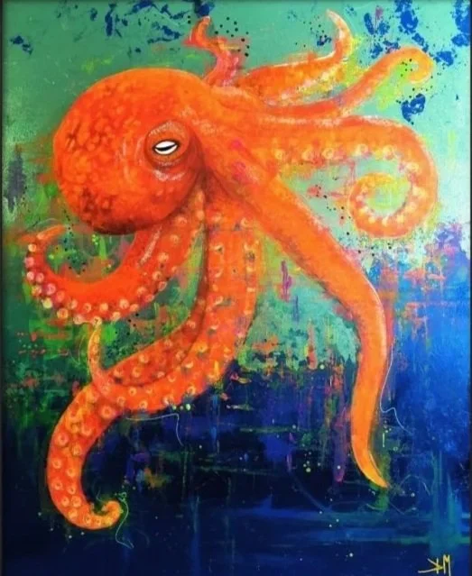 Colorful original painting of an orange octopus against a vibrant blue and green background