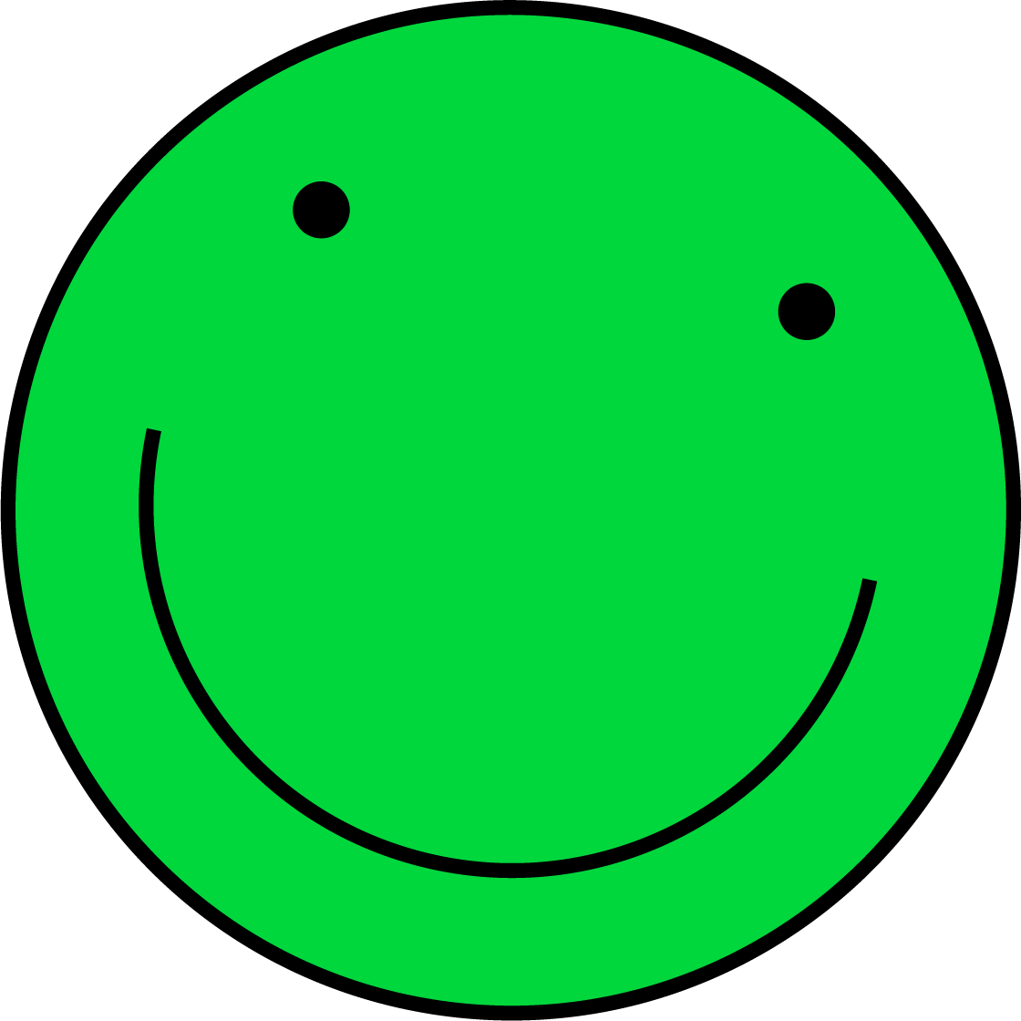 A green smiley face with black eyes and a black smiling mouth.