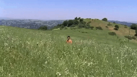 A person sitting in a grassy field with rolling hills and a clear sky in the background.
