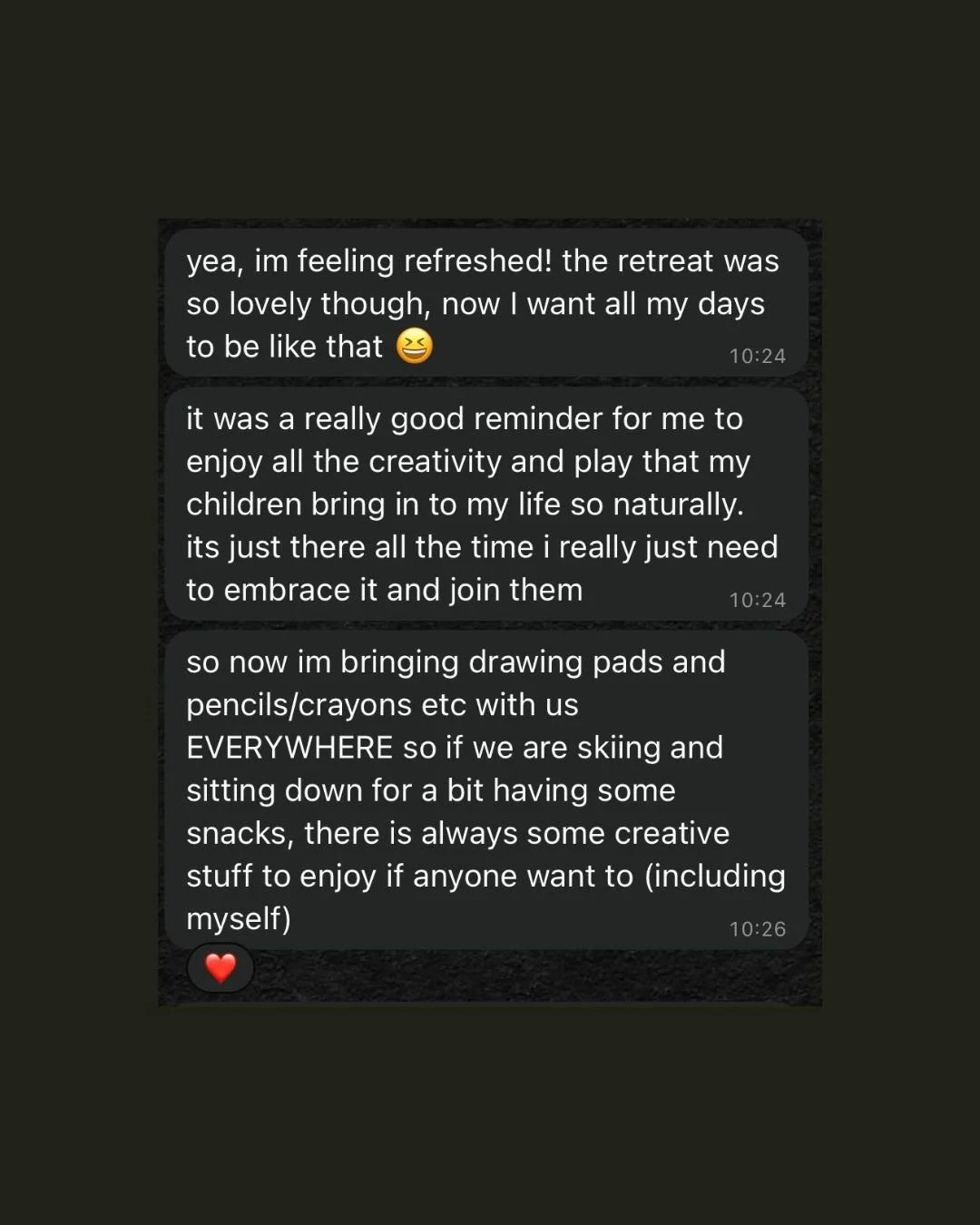 Screenshot of a chat conversation discussing feelings of refreshment after a retreat, the importance of creativity, and bringing art supplies like drawing pads and pencils for outdoor activities.