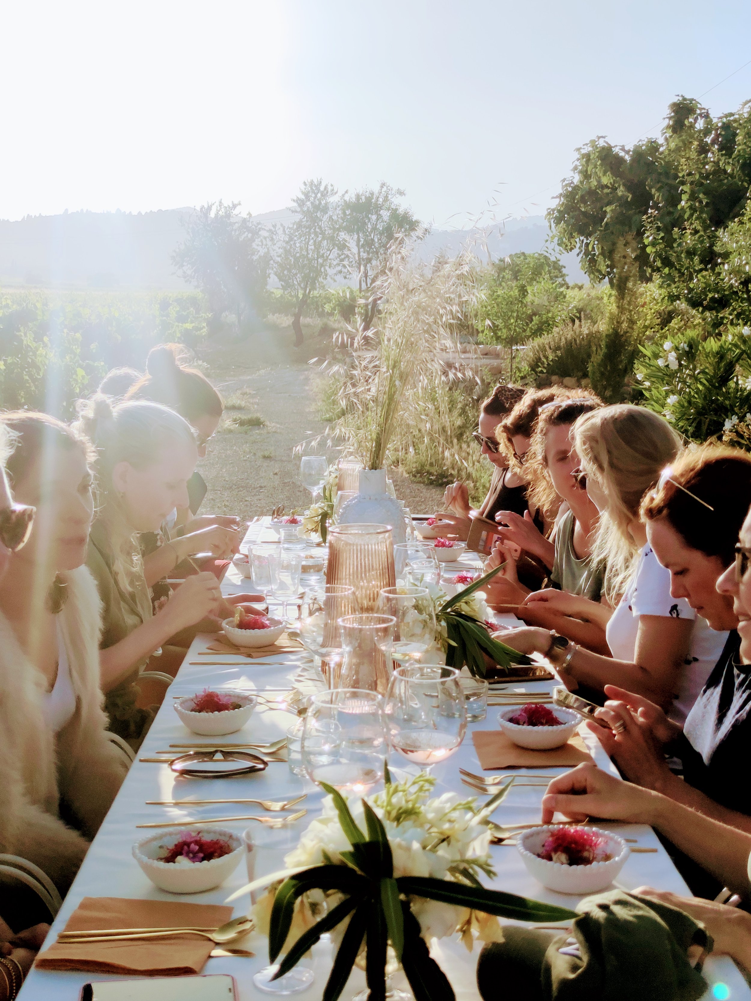 A long outdoor dining table set with flower arrangements, bowls of dessert, glasses, and utensils, with people sitting on either side, enjoying a meal on a sunny day in a rural setting surrounded by trees and rolling hills.