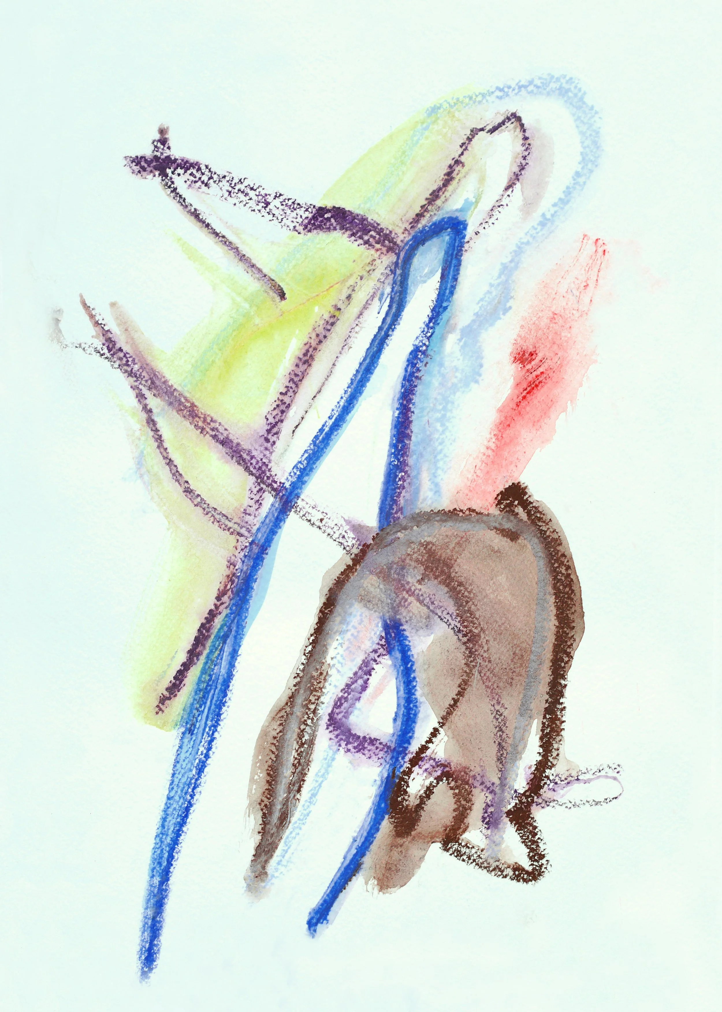 Abstract watercolor painting with curved and straight lines in shades of brown, purple, blue, yellow, and red on a white background.