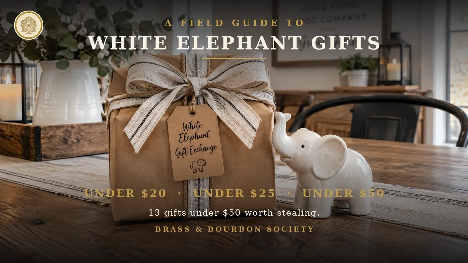 A Field Guide to White Elephant Gifts: a kraft box tied with ribbon beside a white elephant figurine