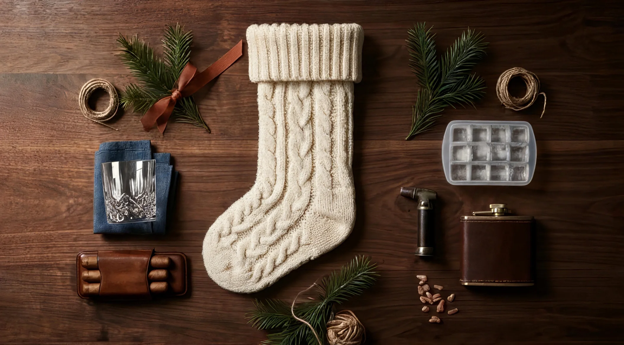 A cream cable-knit stocking laid flat on dark walnut, surrounded by small gifts: crystal rocks glasses, a leather cigar case, a clear-ice tray, a hip flask, a torch lighter, pine and twine
