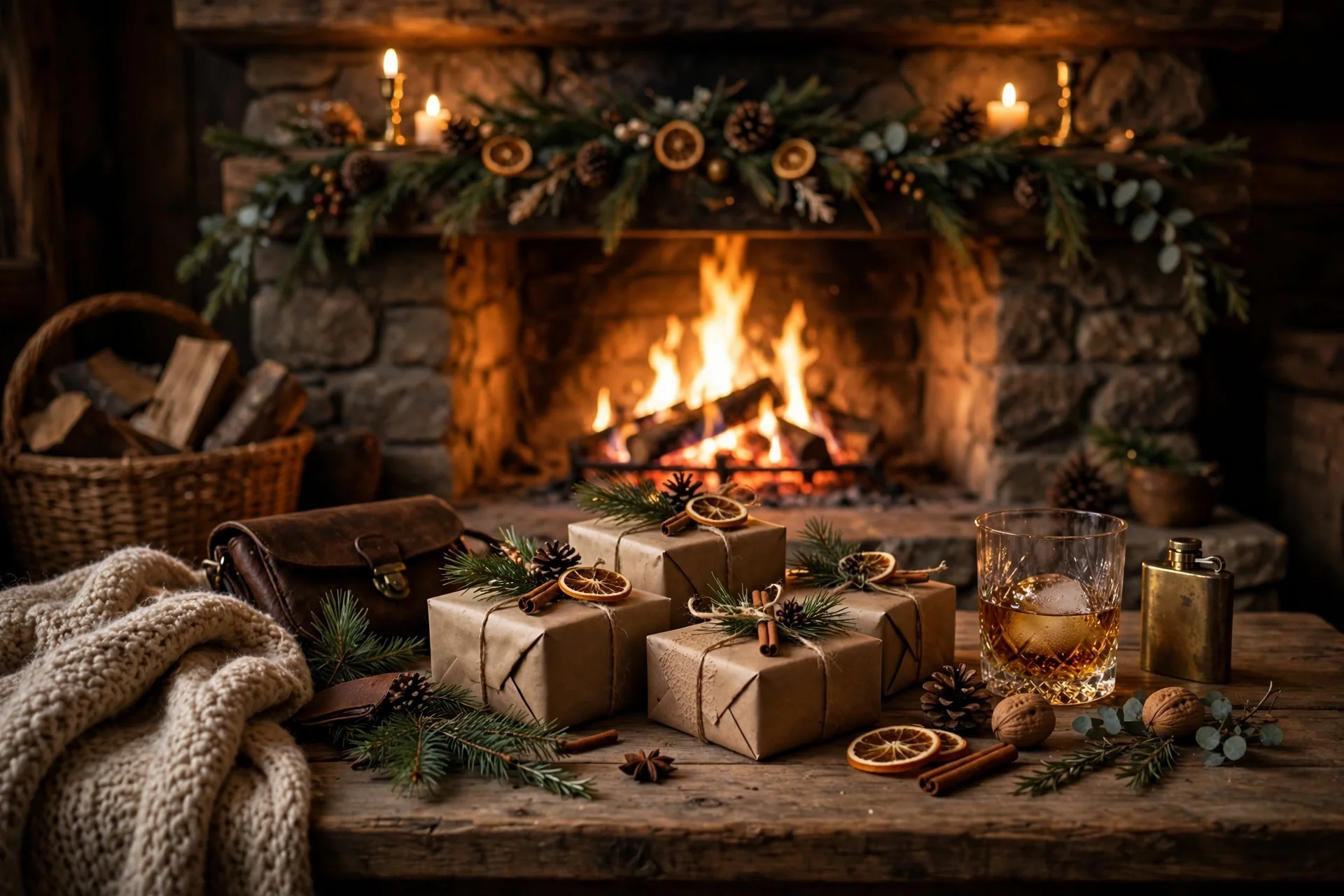 Kraft-wrapped gifts tied with twine and dried orange slices on a rustic table before a lit stone fireplace, with a knit throw, a glass of whiskey and a brass lighter