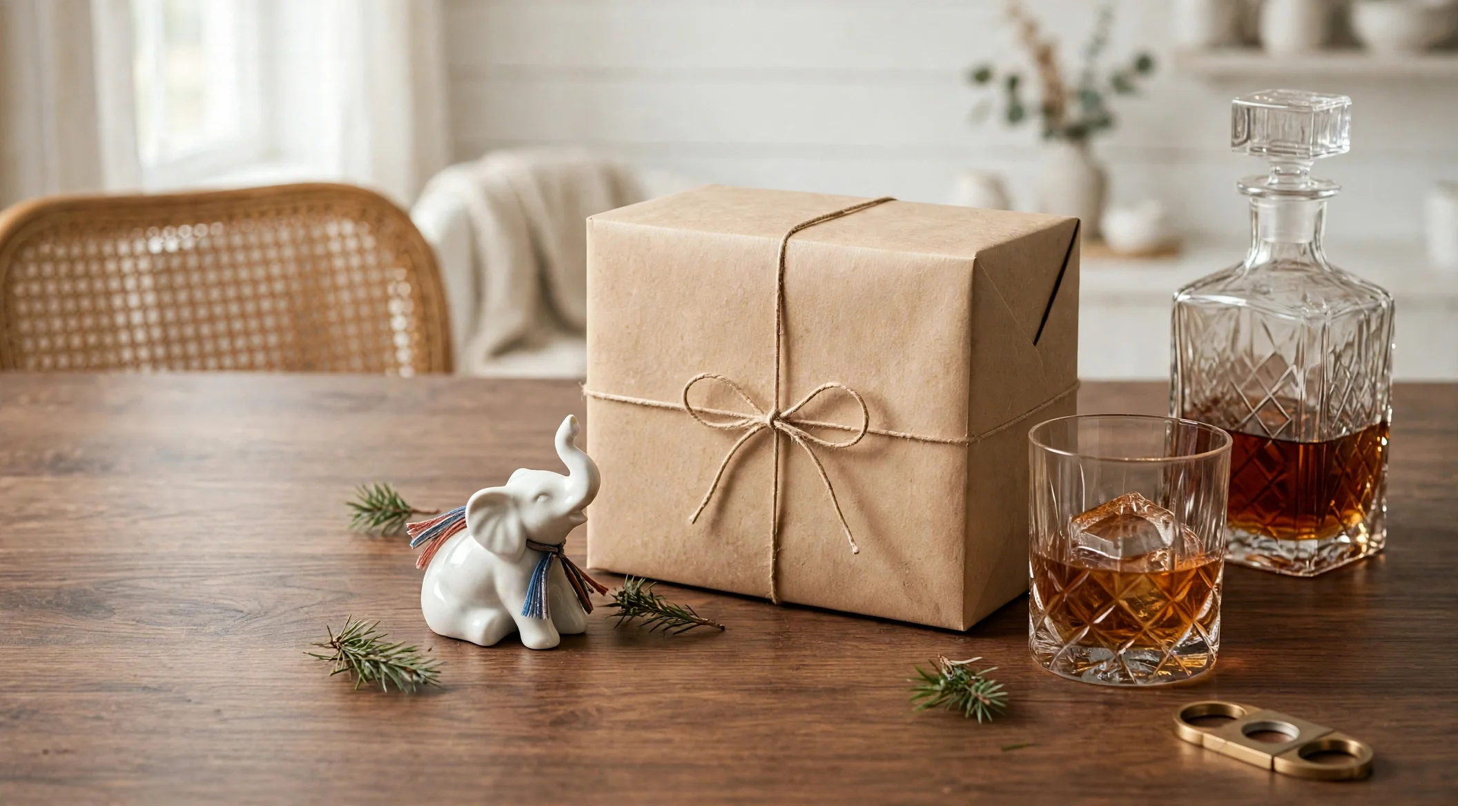 A kraft-paper gift box tied with twine on a farmhouse table, beside a small white elephant figurine, a cut-crystal decanter and a glass of whiskey