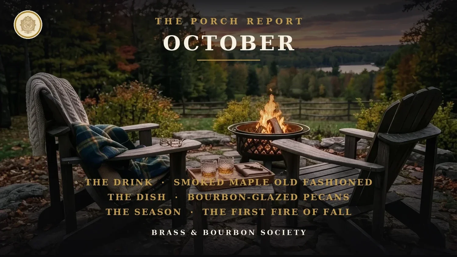 The Porch Report, October: Adirondack chairs around a fire pit at dusk
