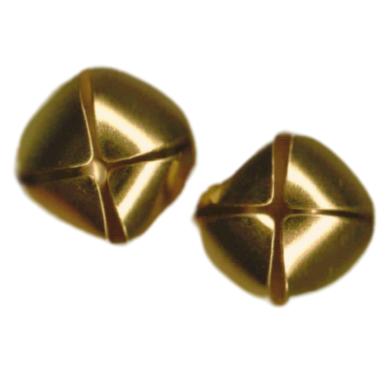 Two golden metallic dice with a smooth, rounded shape and cross-shaped grooves on their top faces.