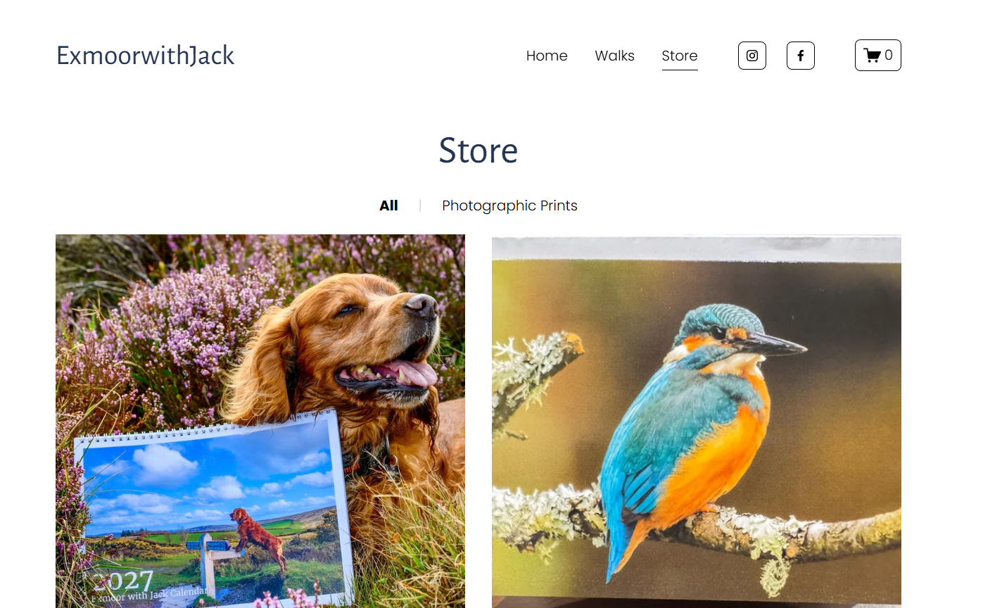 Website store page showing photographs of a dog and a kingfisher bird with navigation menu and social media icons.
