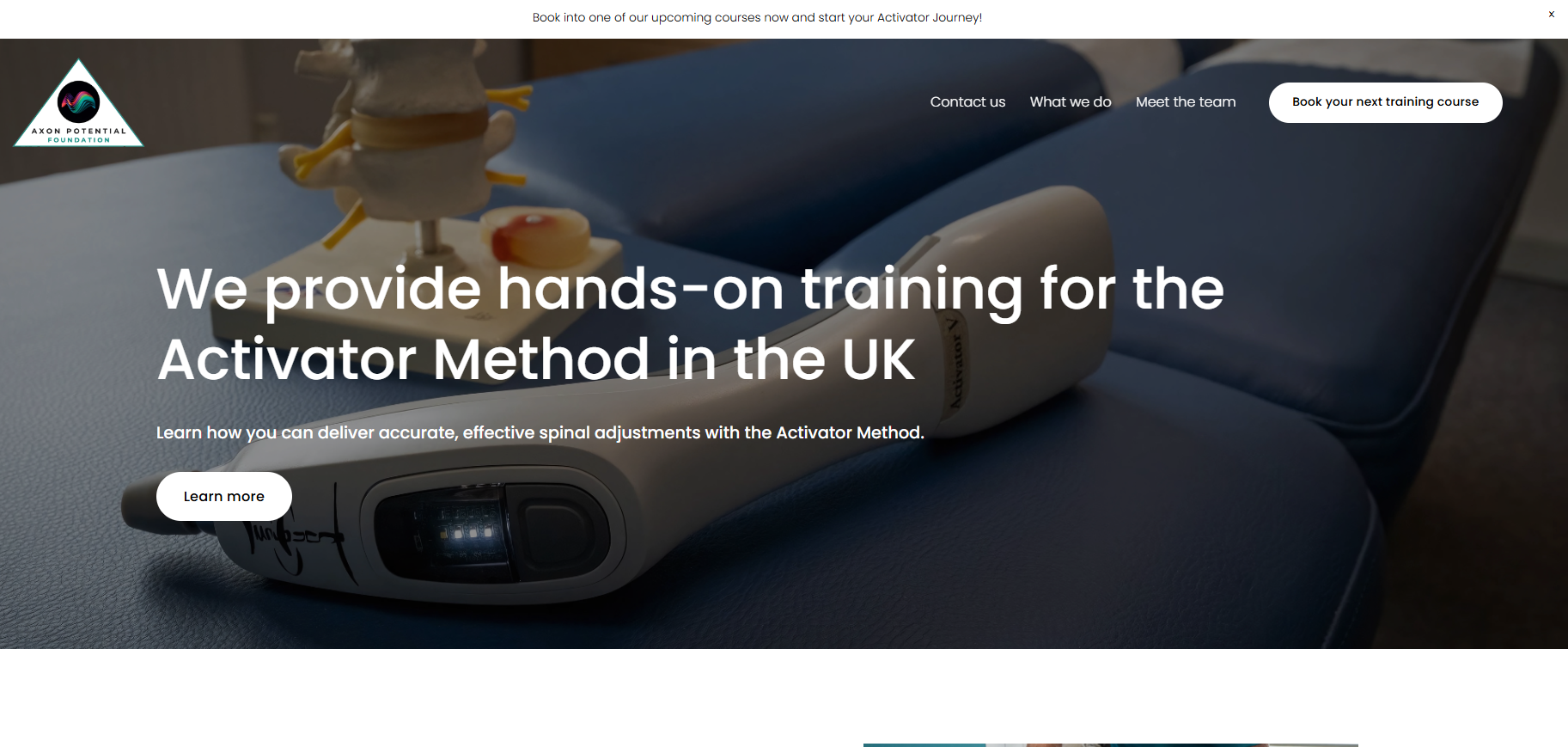 Homepage of Axon Potential Foundation website showing a spinal adjustment device, with text stating 'We provide hands-on training for the Activator Method in the UK' and options to learn more or book a training course.