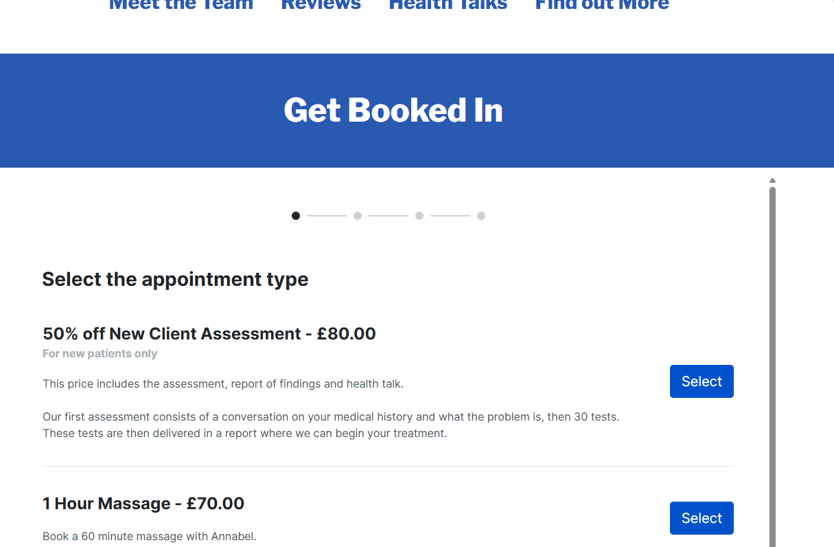 A webpage titled 'Get Booked In' offering appointment bookings with options for a new client assessment for £80 and a one-hour massage for £70, each with a blue 'Select' button.