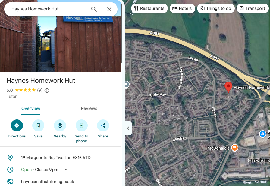 Map and details for Haynes Homework Hut, located at 19 Marguerite Rd, Tiverton, open until 9 pm, with a photo of a wooden gate and fence.