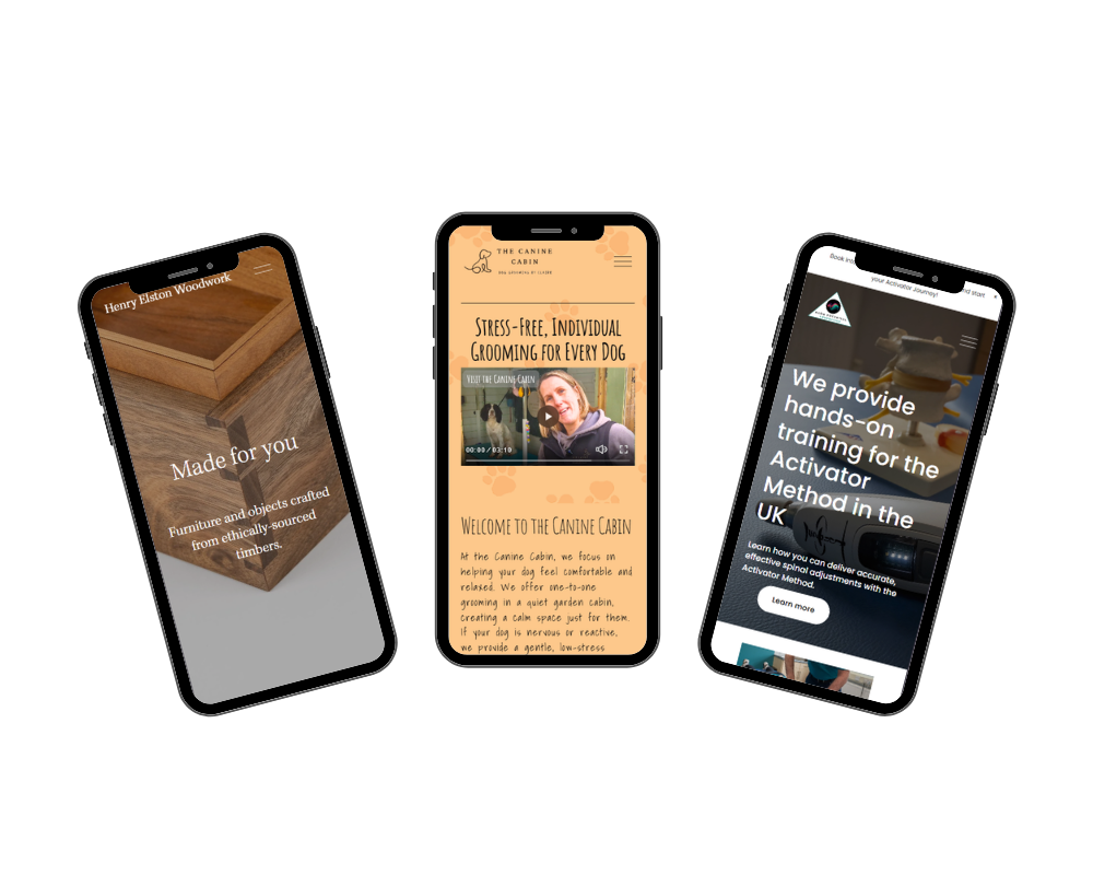 Three smartphones displaying different websites related to pet care, grooming, and training.