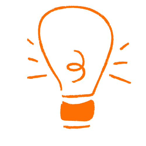 An orange hand-drawn illustration of a light bulb with lines radiating outward, symbolizing ideas or innovation.