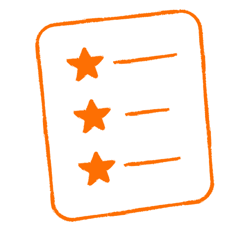 A black background with an orange outline of a checklist featuring three orange stars and lines next to them.