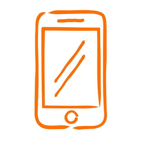 Simple orange line drawing of a smartphone with a screen and a circular home button.