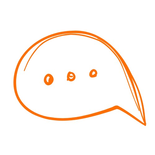 Orange line drawing of a speech bubble with three small circles inside, resembling a simple face or expression.