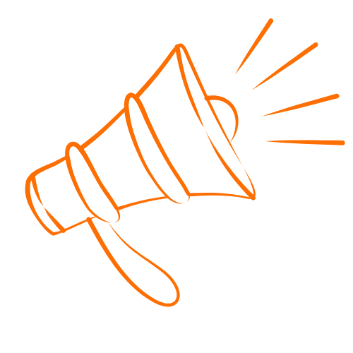 Orange outline of a megaphone with sound lines emanating from it.