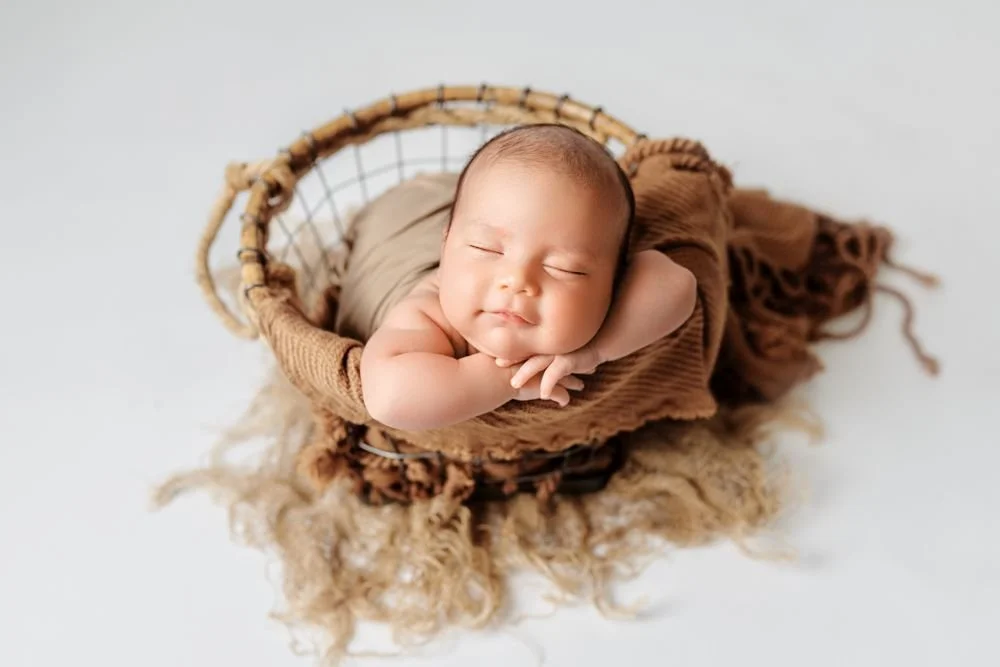 Newborn photography in Austin, Texas by Breeanna Rose Photography. Newborn in a nest, seen from above.