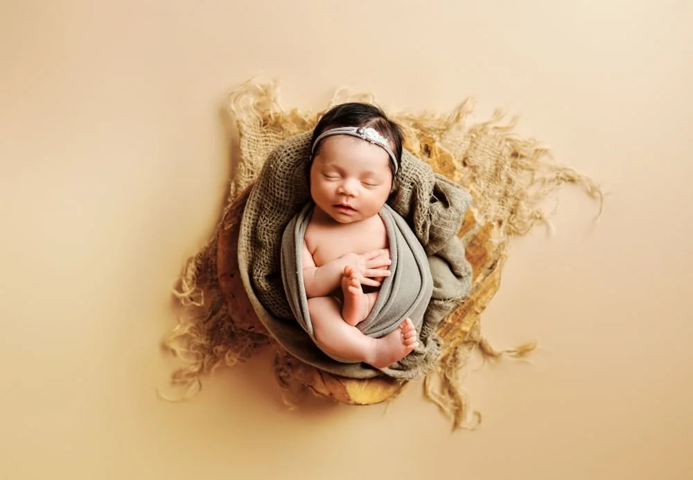 Newborn photography in Austin, Texas by Breeanna Rose Photography. Newborn in a round nest, seen from above.