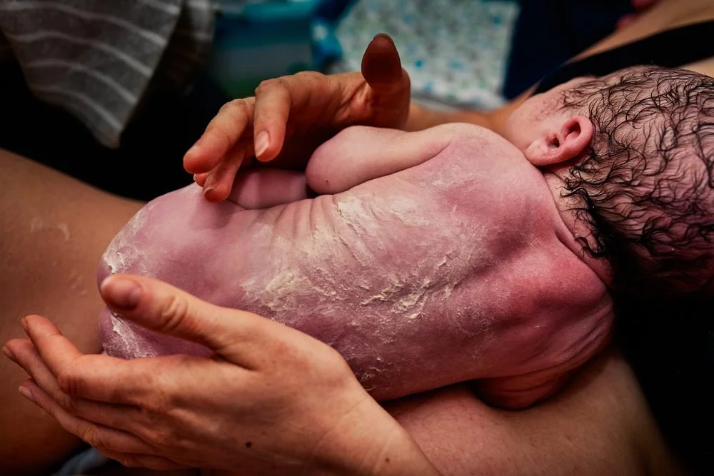 Birth photography in Austin, Texas by Breeanna Rose Photography. Newborn held up, vernix, just born.