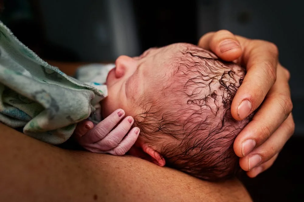 Birth photography in Austin, Texas by Breeanna Rose Photography. Dad's hands cradling baby's head.