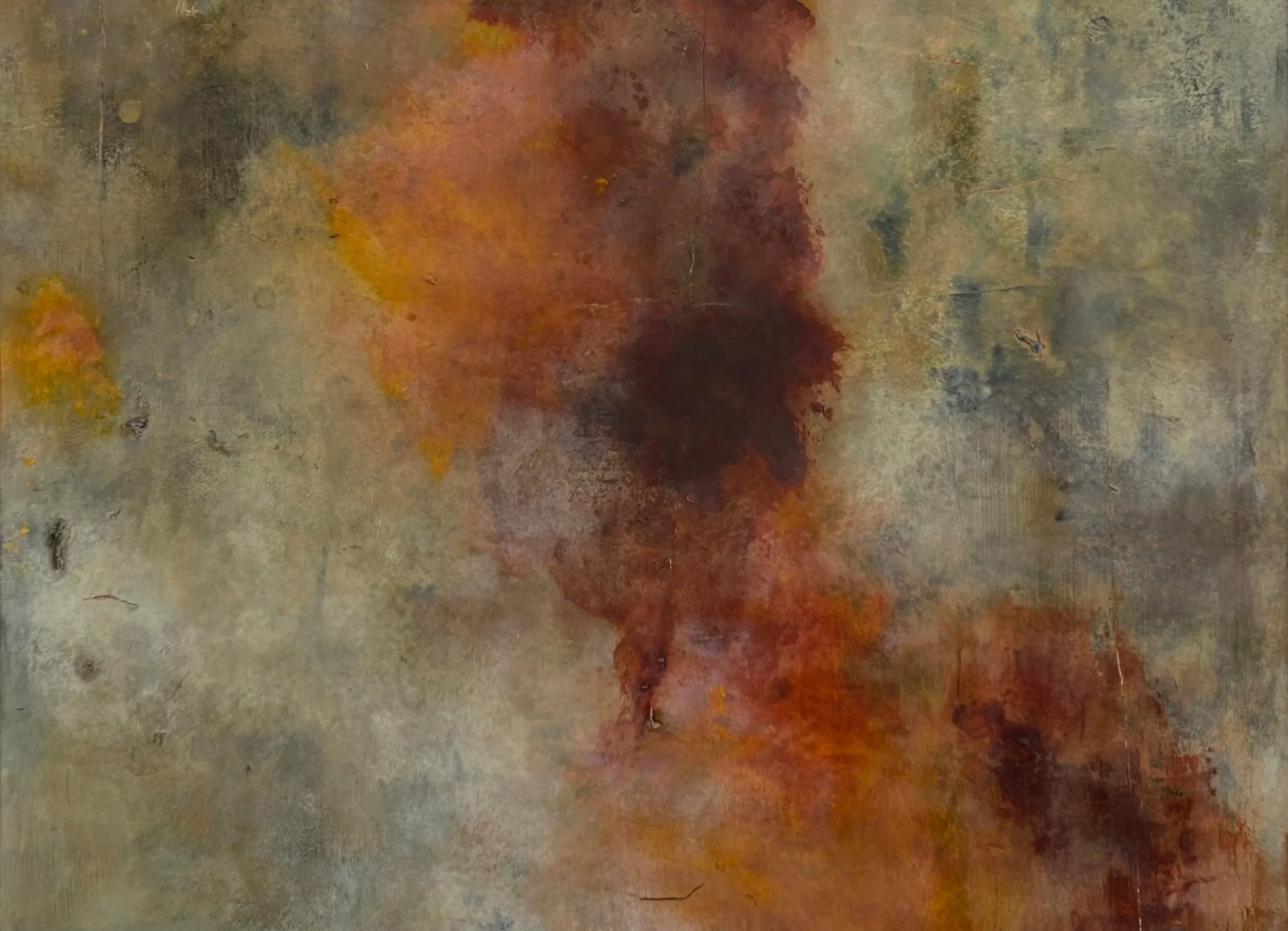 Detail of Oxide Bloom by Kate Grimes, showing layered rust-orange and grey textures.