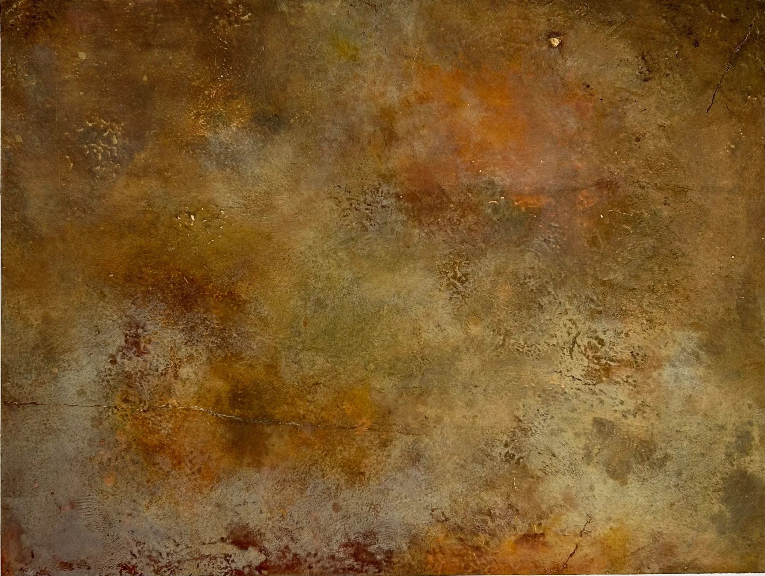 Ferrous Field by Kate Grimes, an abstract painting with layered brown, orange and grey textures suggesting rusted metal.