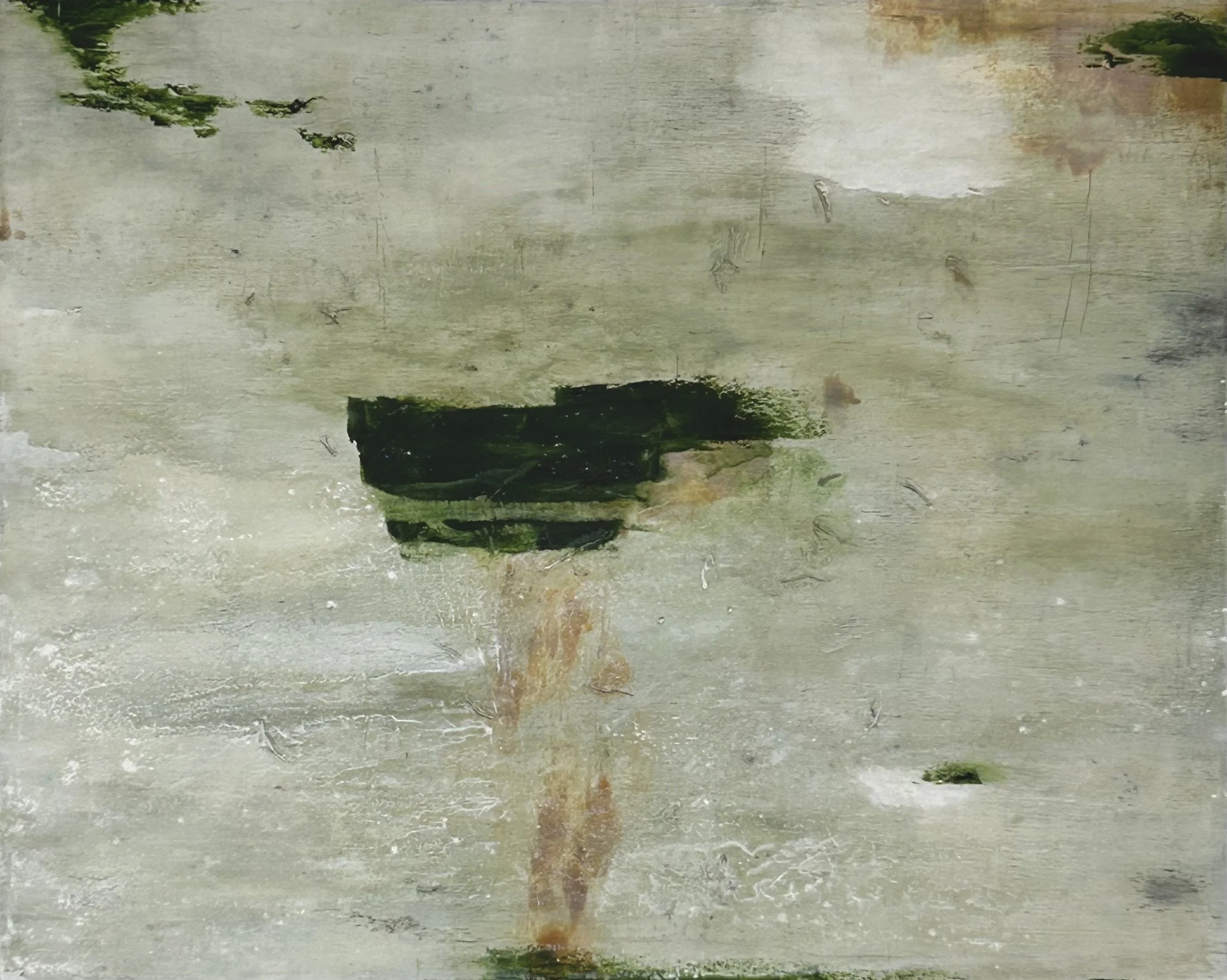 Detail of Home Ground 1 by Kate Grimes, showing layered white, pale green and grey textures with dark green marks.