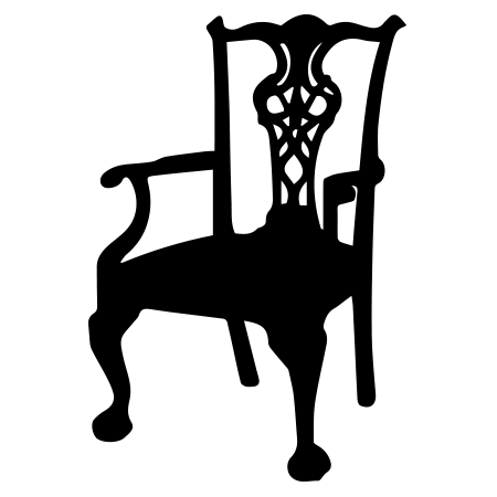 Silhouette of an ornate, vintage wooden chair with detailed backrest, armrests, and cabriole legs.