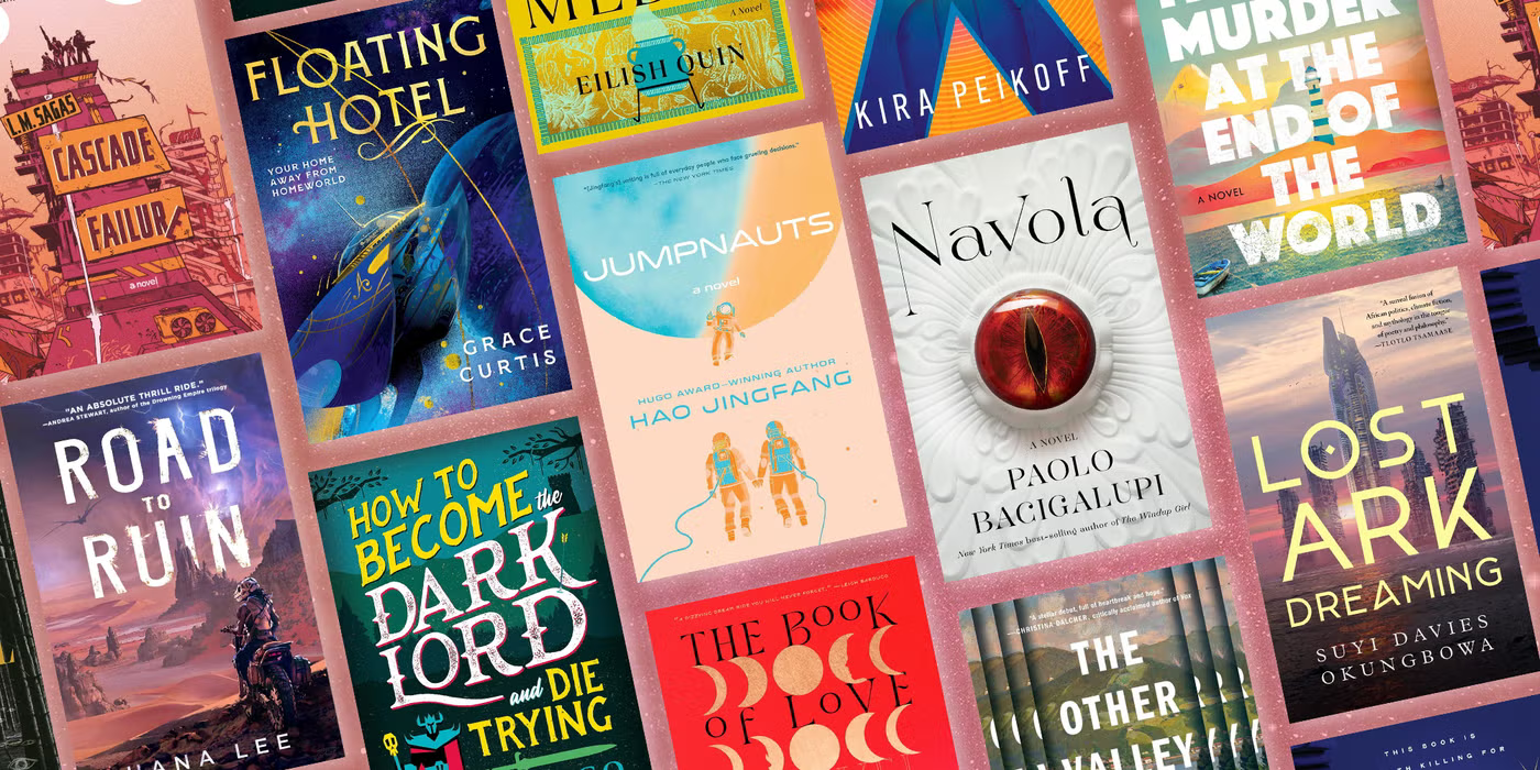 A colorful collage of book covers, including titles like "Floating Hotel," "Murder at the End of the World," "Lost Ark Dreaming," and others.