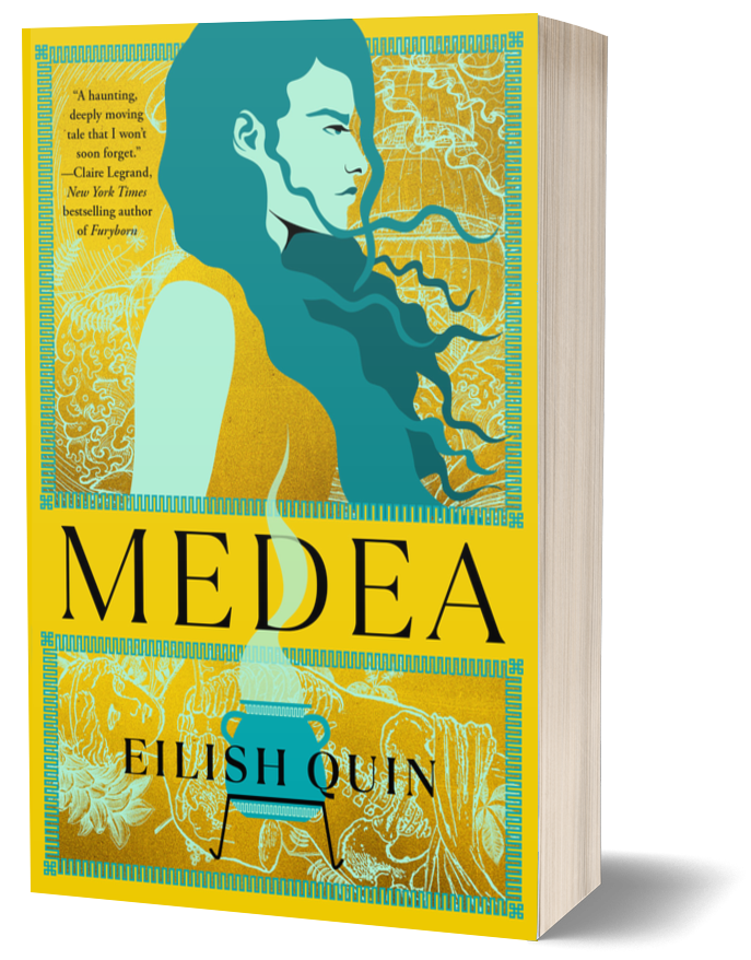 Book cover for 'Medea' by Eilish Quin featuring a stylized illustration of a woman with long blue hair, a fierce expression, and a yellow dress, set against a yellow background with decorative elements and a central motif of a steaming cauldron.