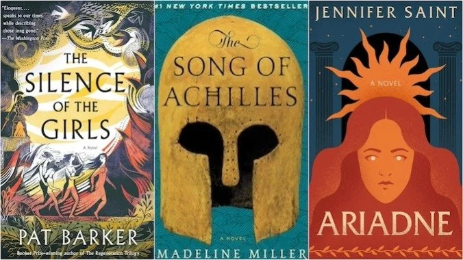 Three book covers placed side by side. The first is 'The Silence of the Girls' by Pat Barker, with artistic illustrations of soldiers and a horse. The second is 'The Song of Achilles' by Madeline Miller, featuring a yellow background with a black helmet outline. The third is 'Ariadne' by Jennifer Saint, showing a stylized illustration of a woman's face with fiery hair and a decorative background.