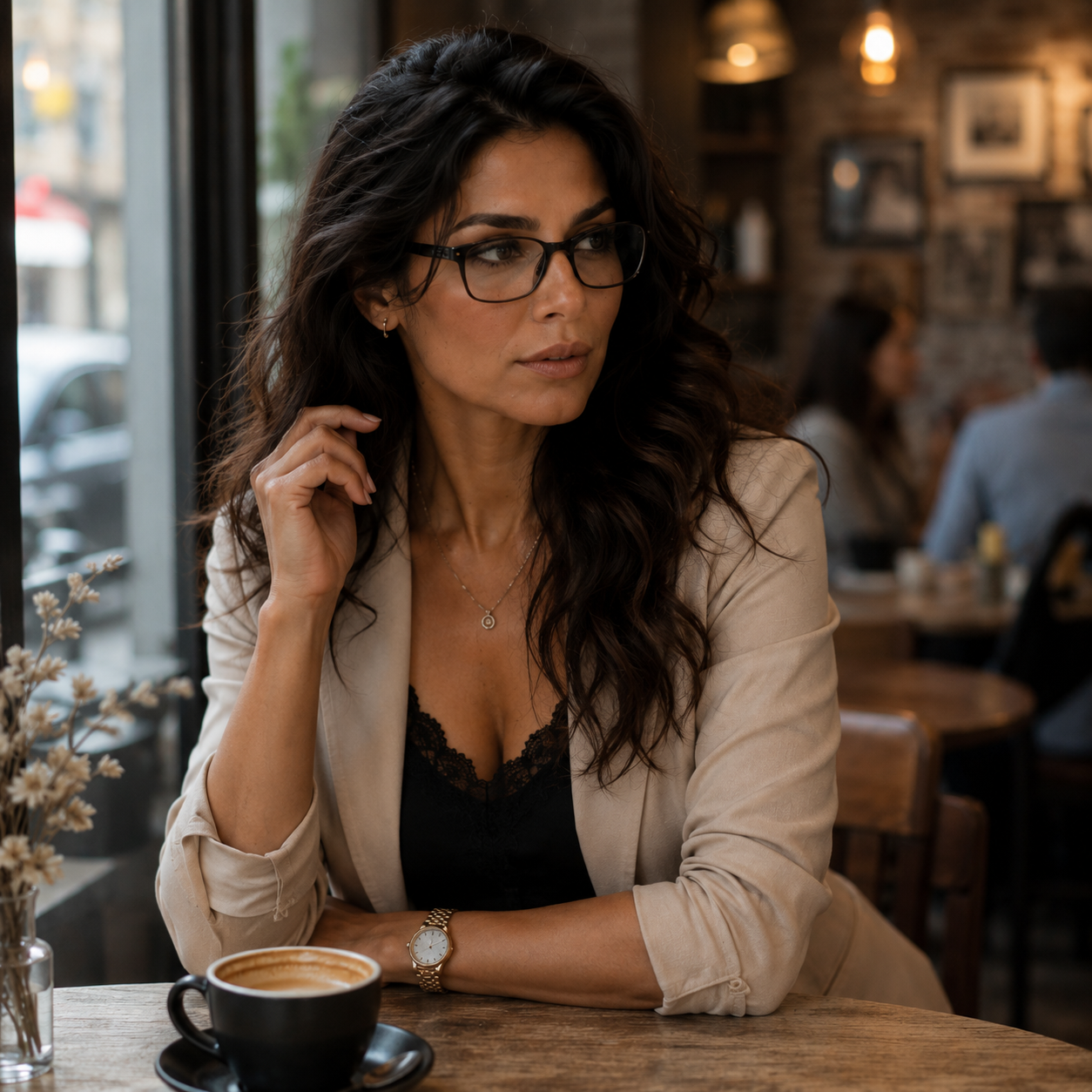 A woman with long dark curly hair, wearing glasses, a beige blazer, and a black lace top, sitting at a wooden table in a cozy cafe with warm lighting and a brick wall in the background.