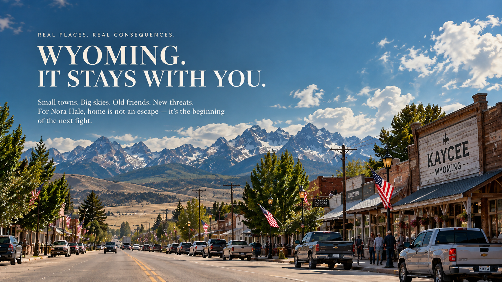 A small town street in Wyoming with mountains and blue sky in the background. Buildings with American flags, cars parked along the road, and pedestrians are visible. Large text overlay promoting Wyoming.