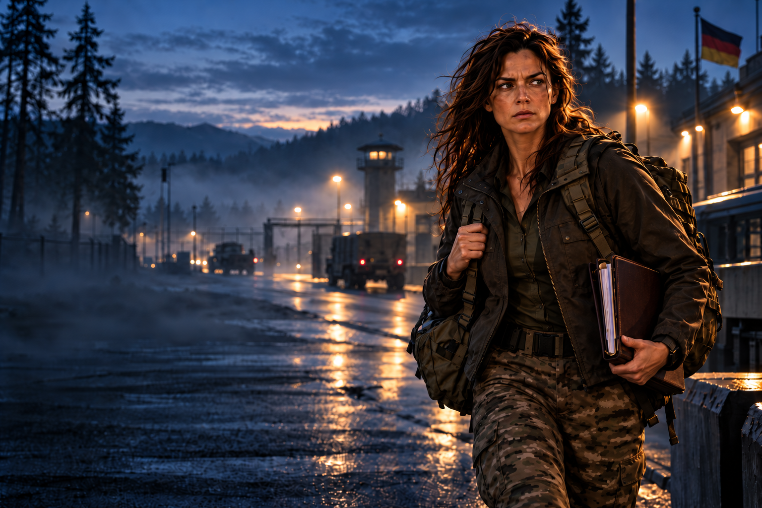 A woman with long, curly hair, dressed in military camouflage pants and a dark jacket, carrying a backpack and holding a notebook, walking near a border crossing at dusk with mountains and trees in the background.