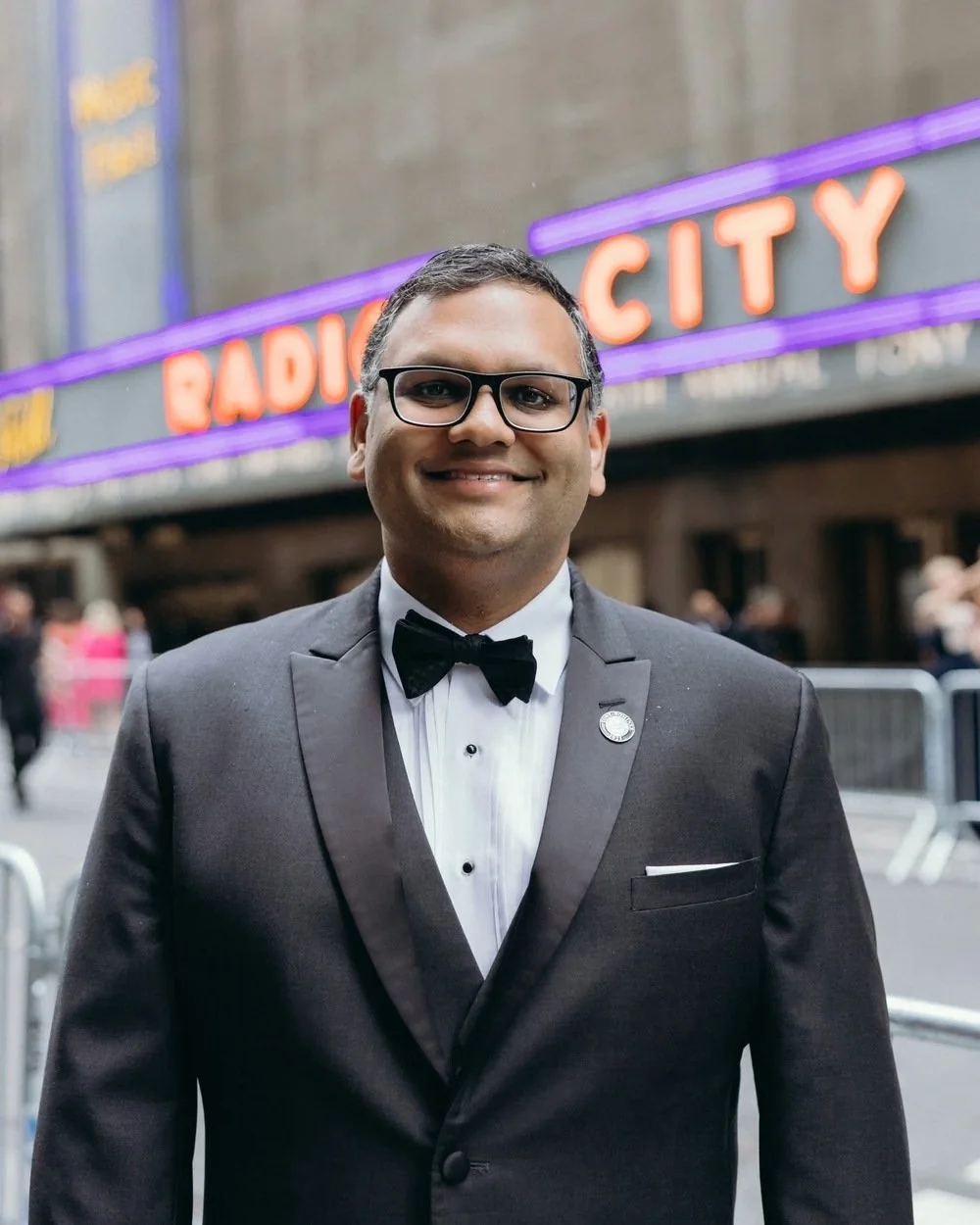 Ankit Agrawal in a tuxedo outside Radio City Music Hall