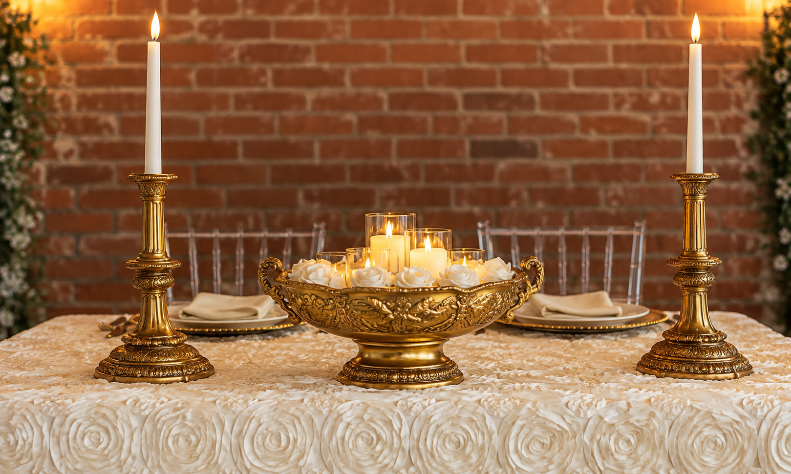 A decorated table with white roses, candles, and gold candlesticks against a brick wall.