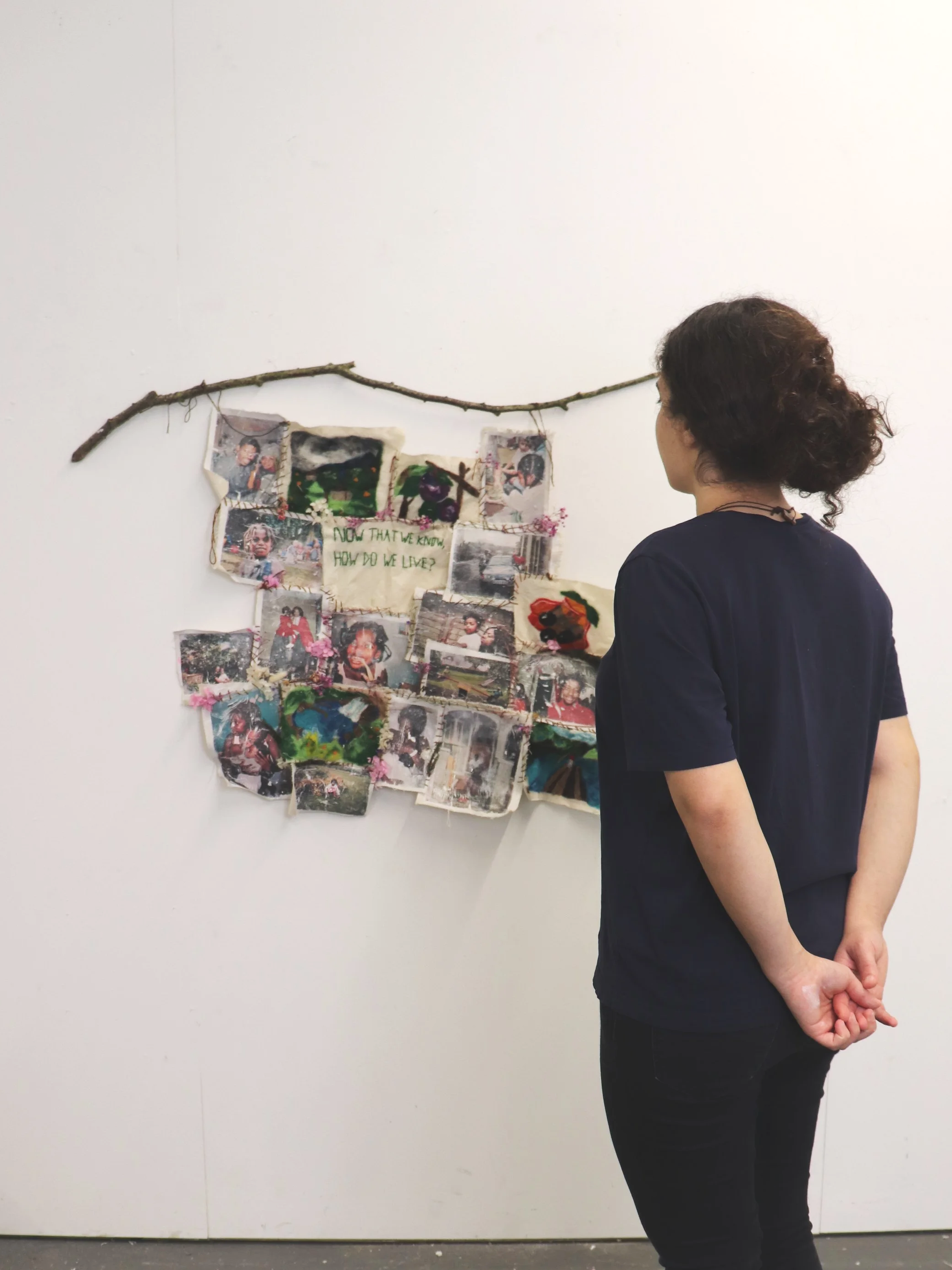 'Untitled' tapestry , felting textiles, acrylic image transfer and found tree branch.