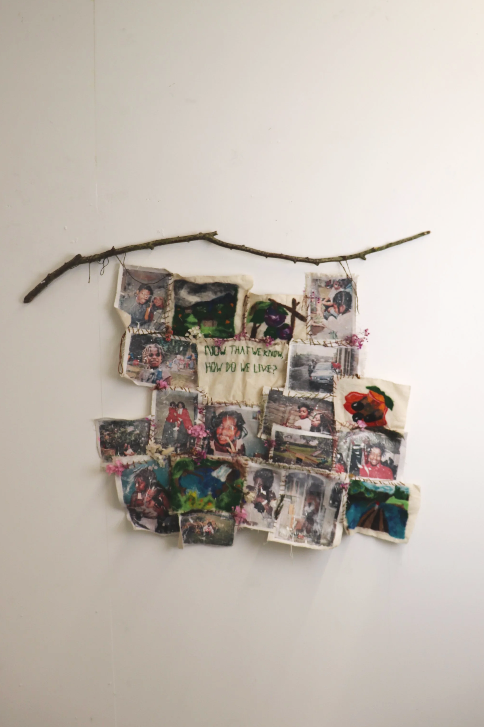 'Untitled' tapestry , felting textiles, acrylic image transfer and found tree branch.