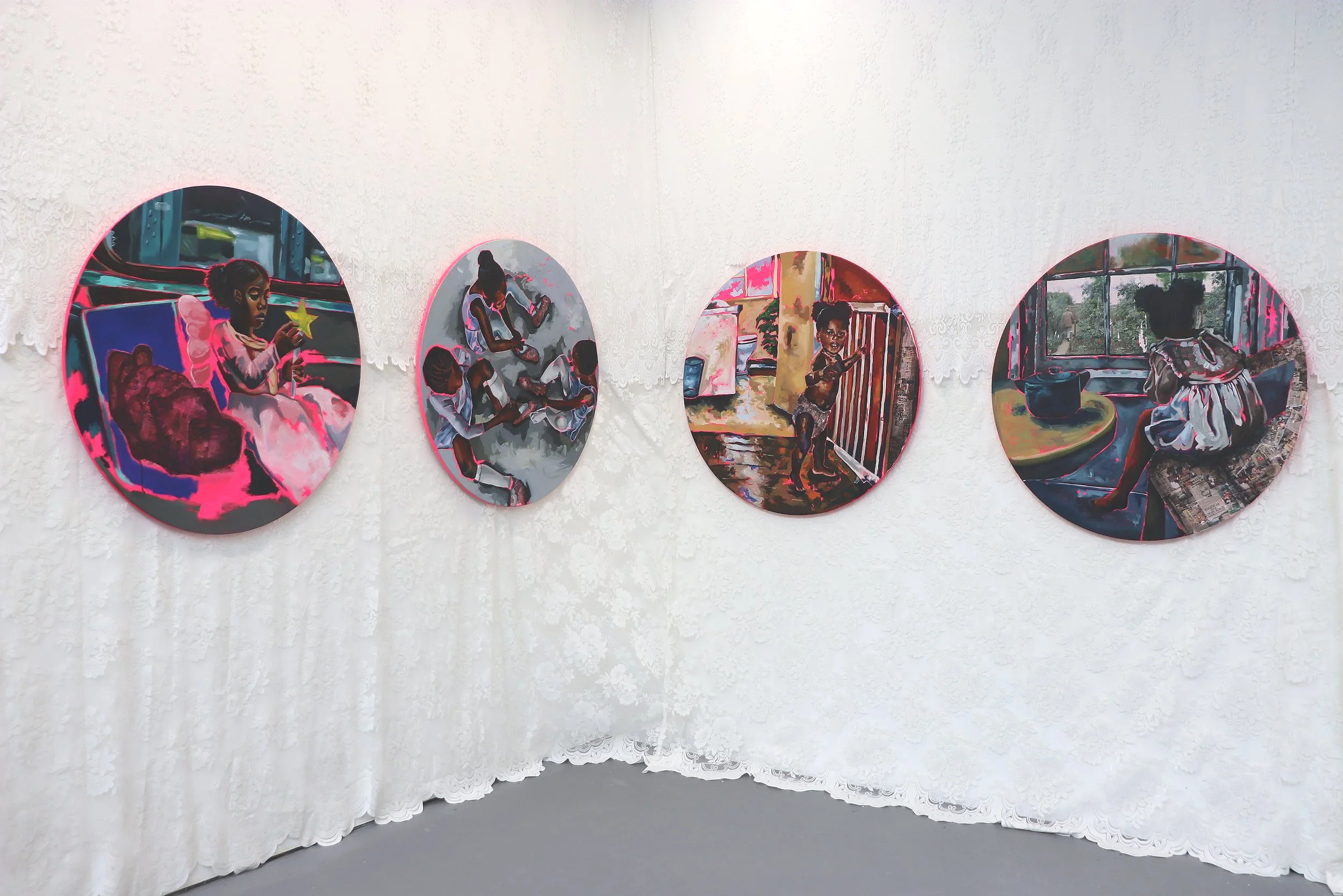 'Now That We Know, How Do We Live?' Installation shot. 

4 x 110cm diameter circular canvas, with oil paint and image transfer.