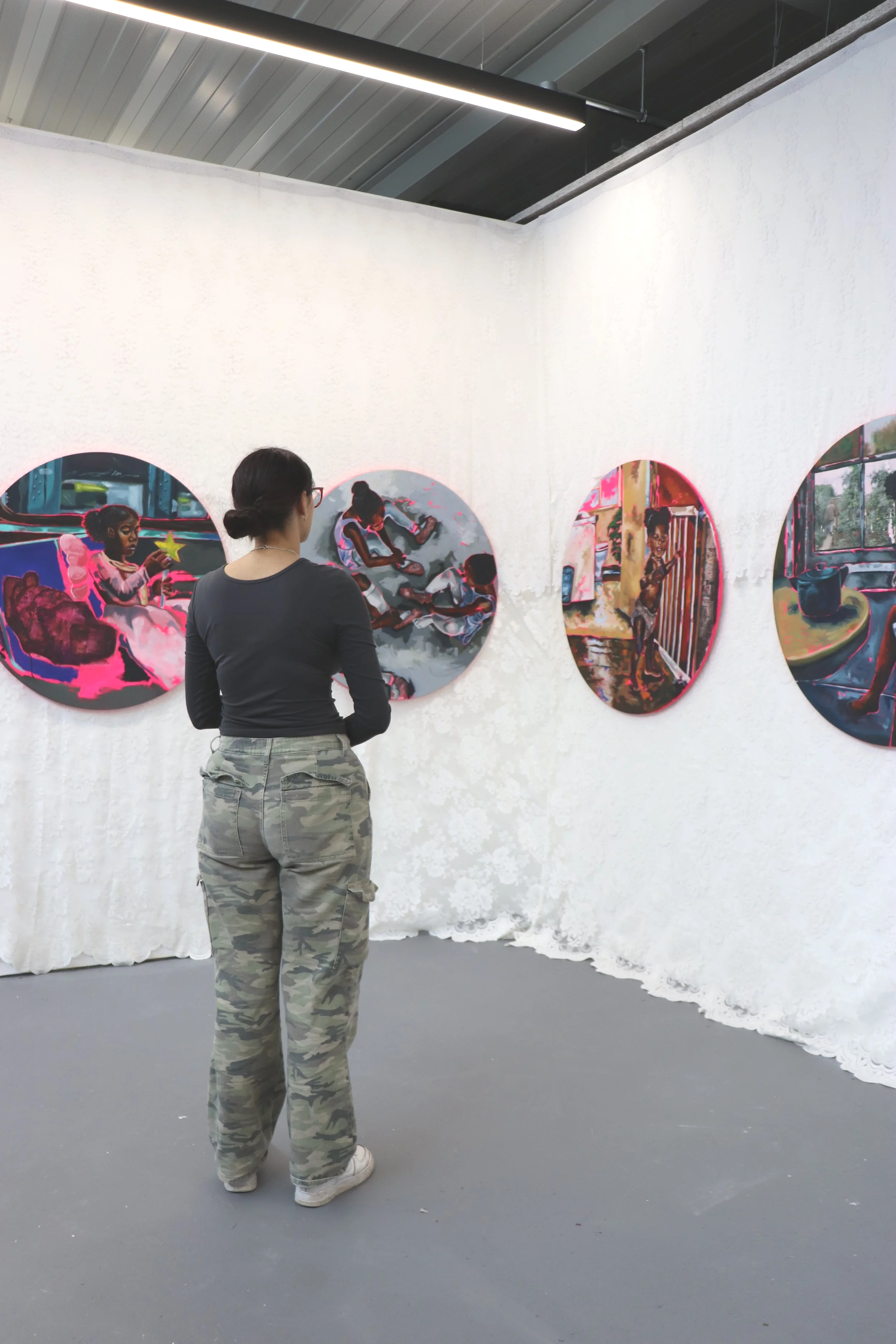 'Now That We Know, How Do We Live?' Installation shot. 

4 x 110cm diameter circular canvas, with oil paint and image transfer