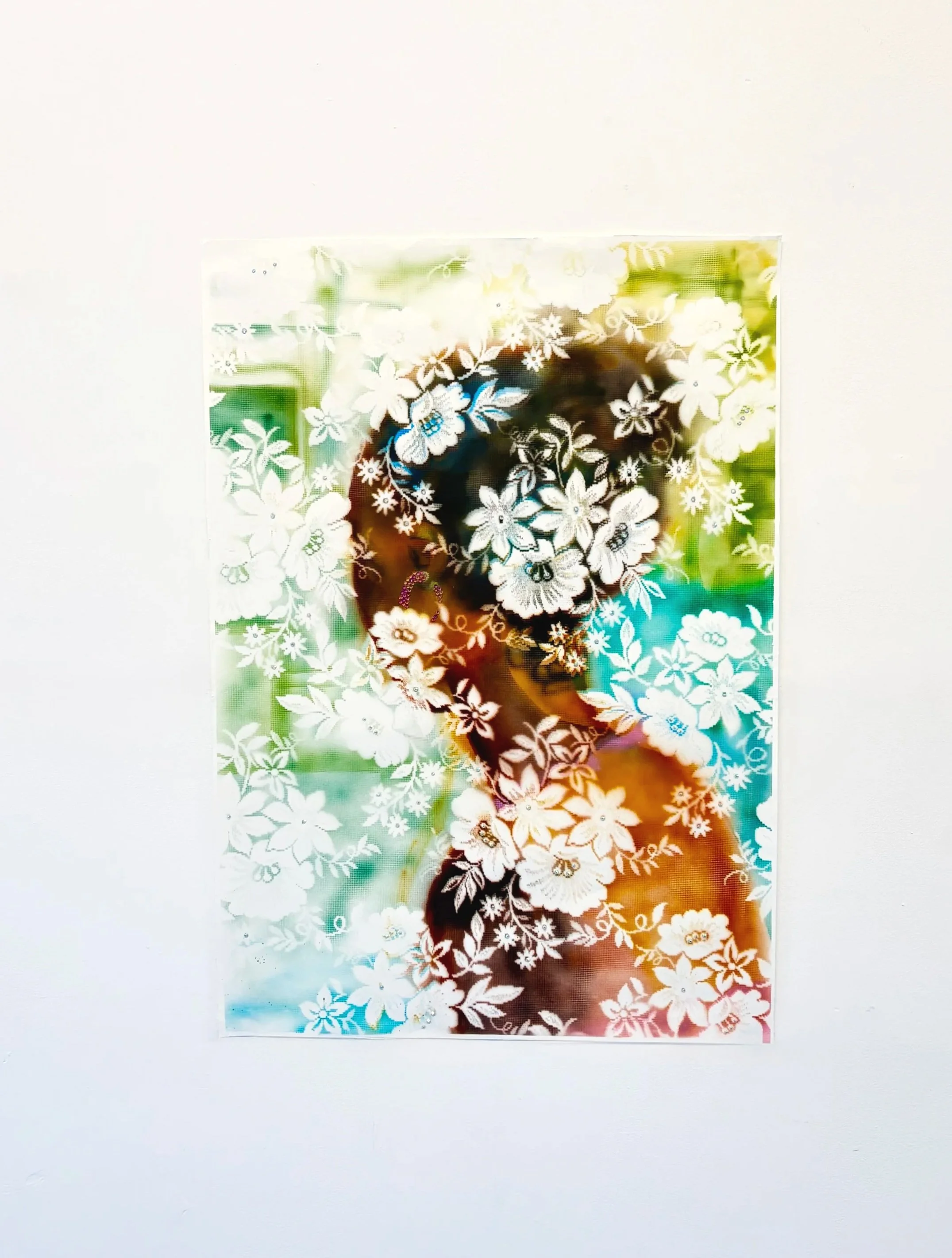 'Dreaming of July' -  acrylic, rhinestones and lace on paper, 59.4 x 84.1 cm