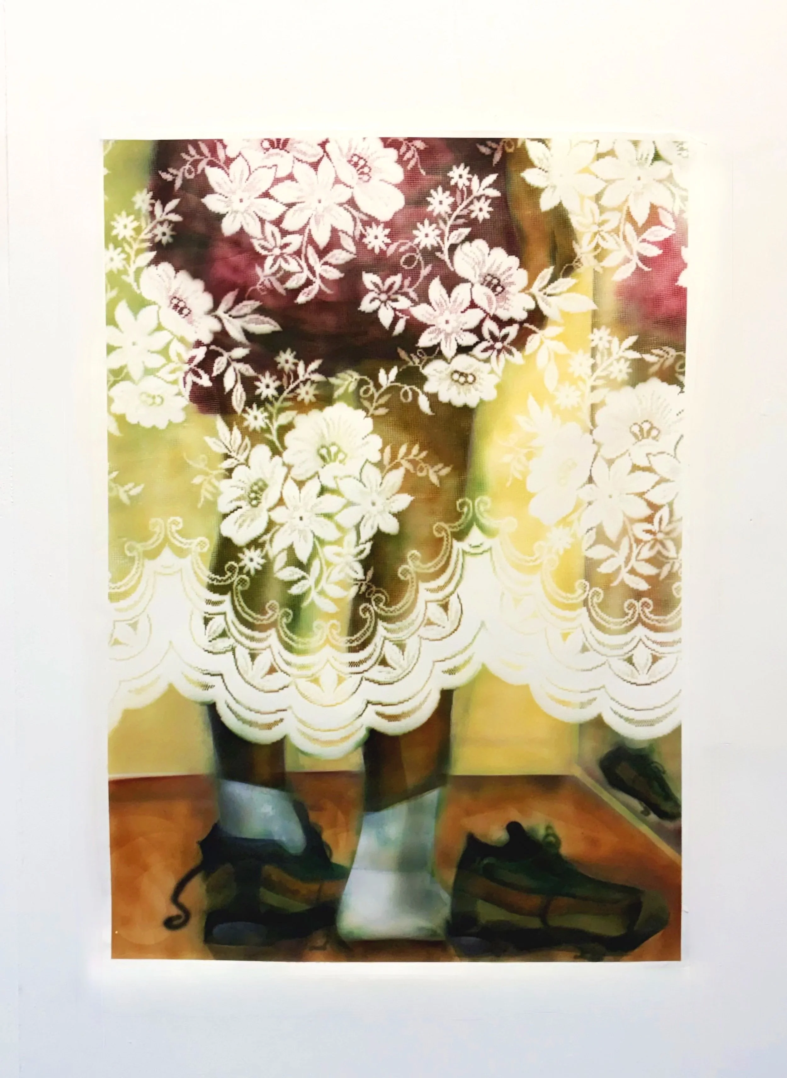 'Trying on shoes' - acrylic and lace on paper, 59.4 x 84.1 cm